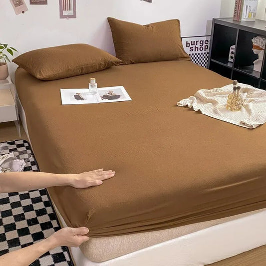 SaneShoppe - Cotton Fitted Bed Sheet with Elastic Band Solid Color Washed Cotton Mattress Cover for Single Double King Queen Bed 140/160/200