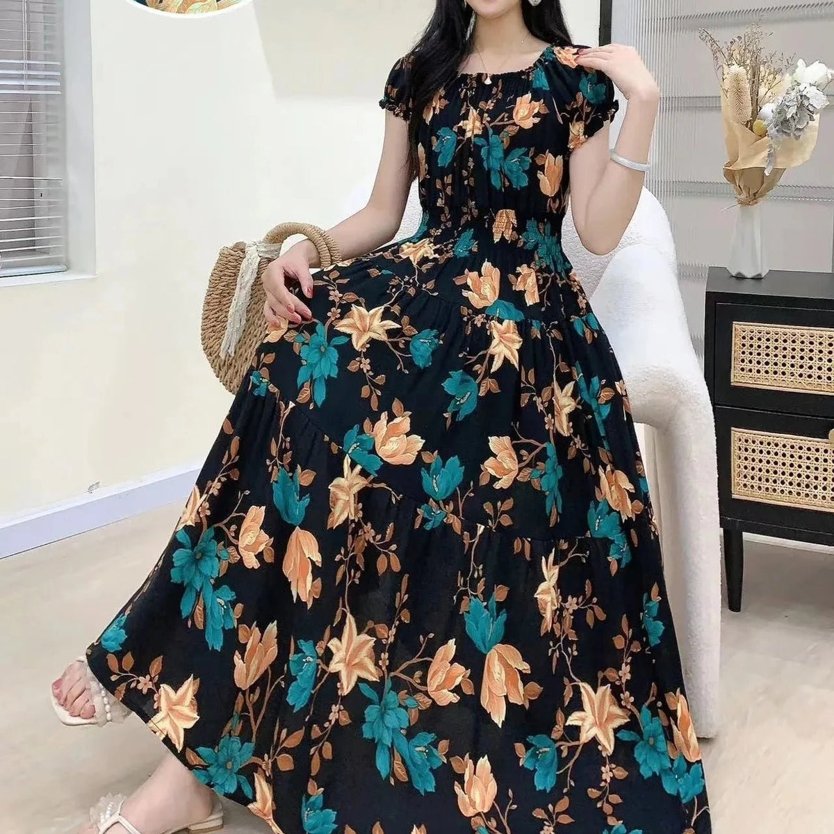 SaneShoppe - Cotton Silk Dresses Women's 2025 Summer New High Waist Printed Dress Slim Artificial Cotton Long Dress Bohemian Floral Dress