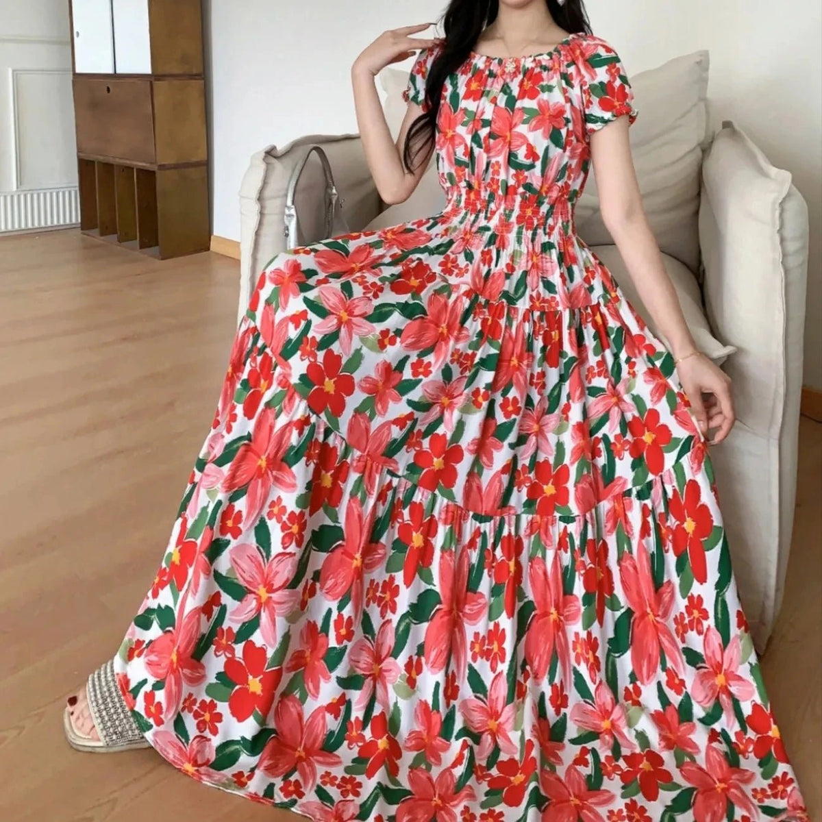 SaneShoppe - Cotton Silk Dresses Women's 2025 Summer New High Waist Printed Dress Slim Artificial Cotton Long Dress Bohemian Floral Dress