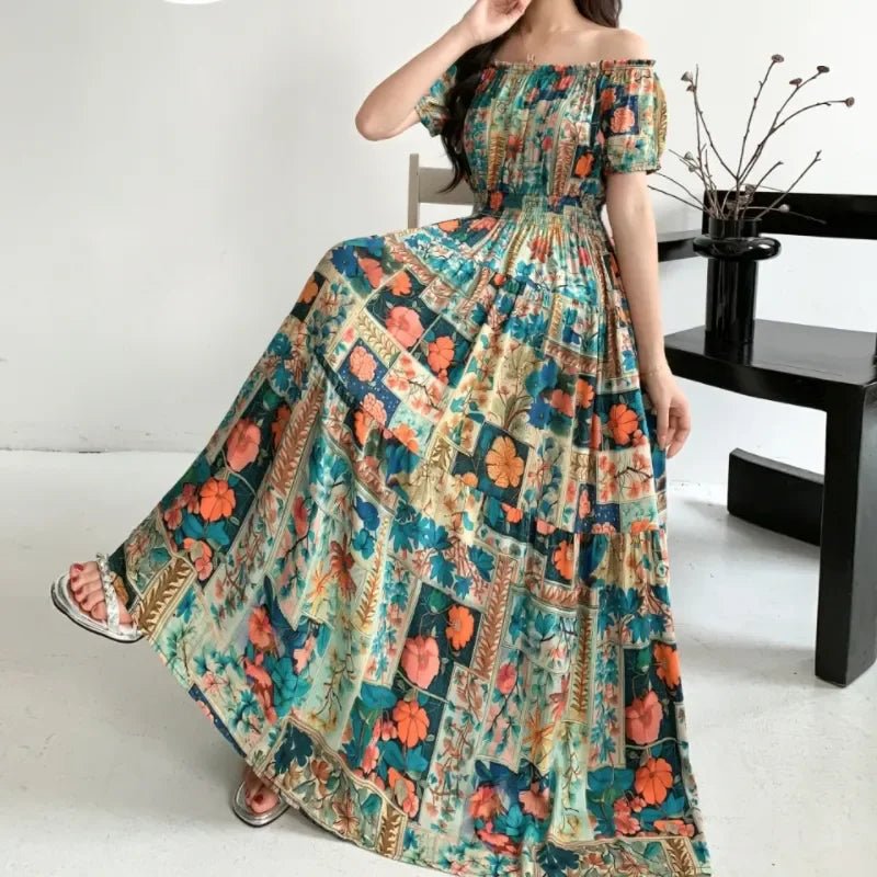 SaneShoppe - Cotton Silk Dresses Women's 2025 Summer New High Waist Printed Dress Slim Artificial Cotton Long Dress Bohemian Floral Dress