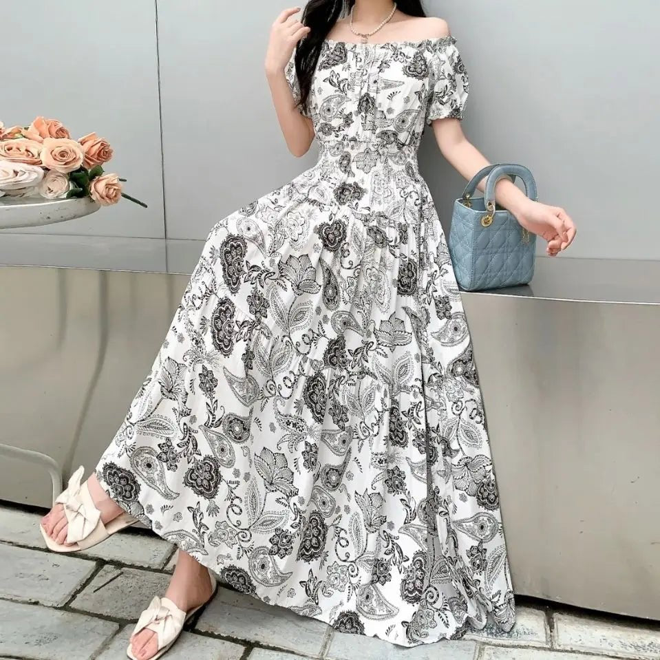SaneShoppe - Cotton Silk Dresses Women's 2025 Summer New High Waist Printed Dress Slim Artificial Cotton Long Dress Bohemian Floral Dress
