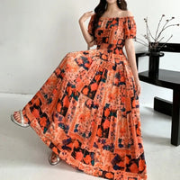 SaneShoppe - Cotton Silk Dresses Women's 2025 Summer New High Waist Printed Dress Slim Artificial Cotton Long Dress Bohemian Floral Dress