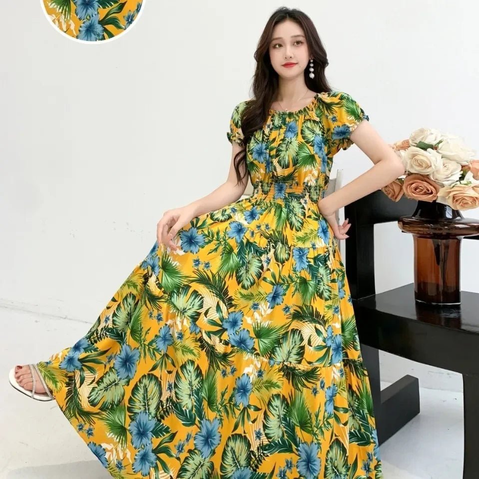 SaneShoppe - Cotton Silk Dresses Women's 2025 Summer New High Waist Printed Dress Slim Artificial Cotton Long Dress Bohemian Floral Dress