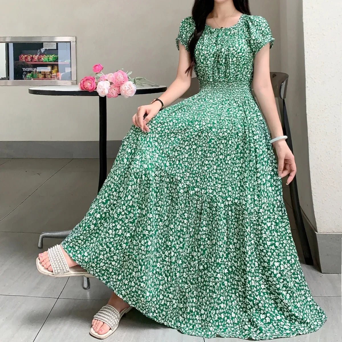 SaneShoppe - Cotton Silk Dresses Women's 2025 Summer New High Waist Printed Dress Slim Artificial Cotton Long Dress Bohemian Floral Dress