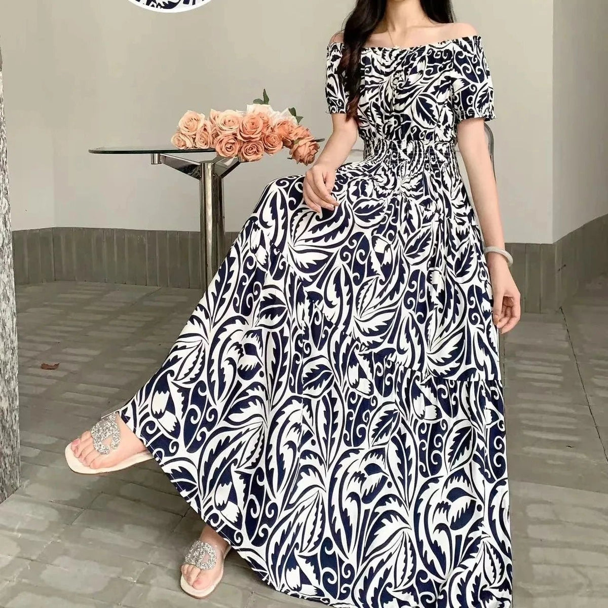 SaneShoppe - Cotton Silk Dresses Women's 2025 Summer New High Waist Printed Dress Slim Artificial Cotton Long Dress Bohemian Floral Dress