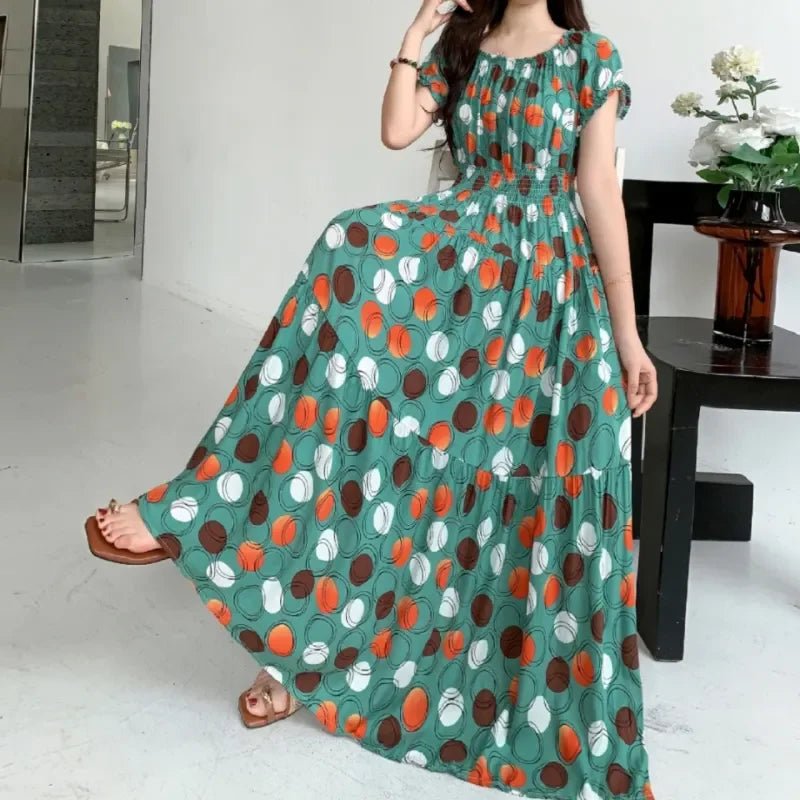 SaneShoppe - Cotton Silk Dresses Women's 2025 Summer New High Waist Printed Dress Slim Artificial Cotton Long Dress Bohemian Floral Dress