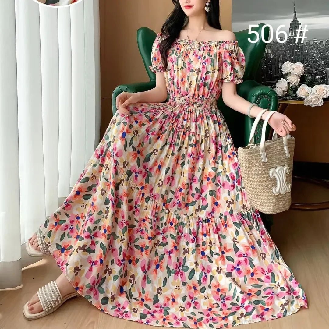 SaneShoppe - Cotton Silk Dresses Women's 2025 Summer New High Waist Printed Dress Slim Artificial Cotton Long Dress Bohemian Floral Dress