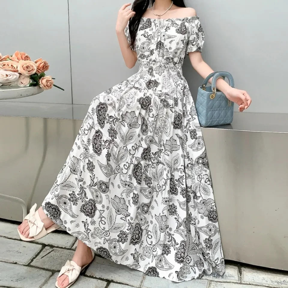 SaneShoppe - Cotton Silk Dresses Women's 2025 Summer New High Waist Printed Dress Slim Artificial Cotton Long Dress Bohemian Floral Dress