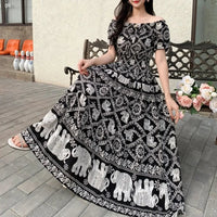 SaneShoppe - Cotton Silk Dresses Women's 2025 Summer New High Waist Printed Dress Slim Artificial Cotton Long Dress Bohemian Floral Dress