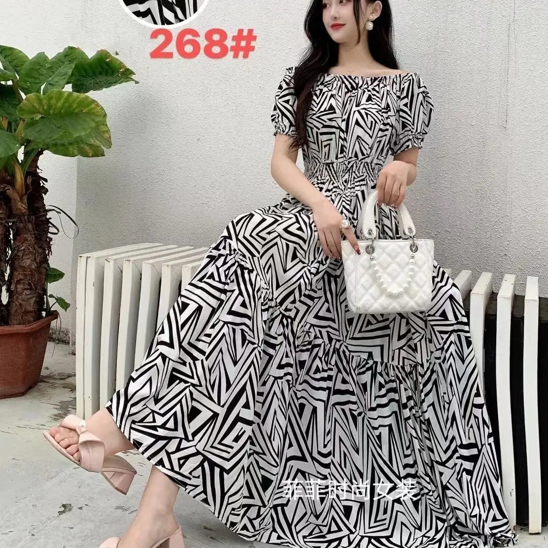SaneShoppe - Cotton Silk Dresses Women's 2025 Summer New High Waist Printed Dress Slim Artificial Cotton Long Dress Bohemian Floral Dress