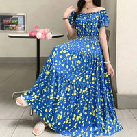 SaneShoppe - Cotton Silk Dresses Women's 2025 Summer New High Waist Printed Dress Slim Artificial Cotton Long Dress Bohemian Floral Dress