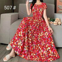 SaneShoppe - Cotton Silk Dresses Women's 2025 Summer New High Waist Printed Dress Slim Artificial Cotton Long Dress Bohemian Floral Dress