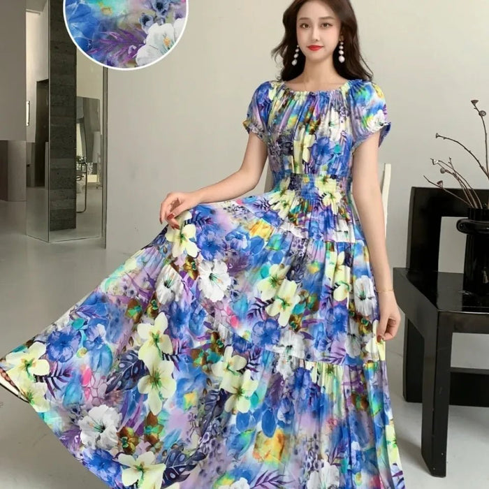 SaneShoppe - Cotton Silk Dresses Women's 2025 Summer New High Waist Printed Dress Slim Artificial Cotton Long Dress Bohemian Floral Dress