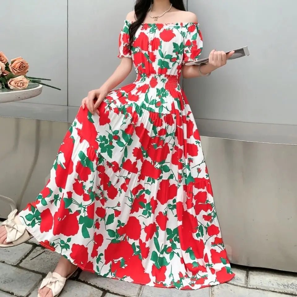 SaneShoppe - Cotton Silk Dresses Women's 2025 Summer New High Waist Printed Dress Slim Artificial Cotton Long Dress Bohemian Floral Dress