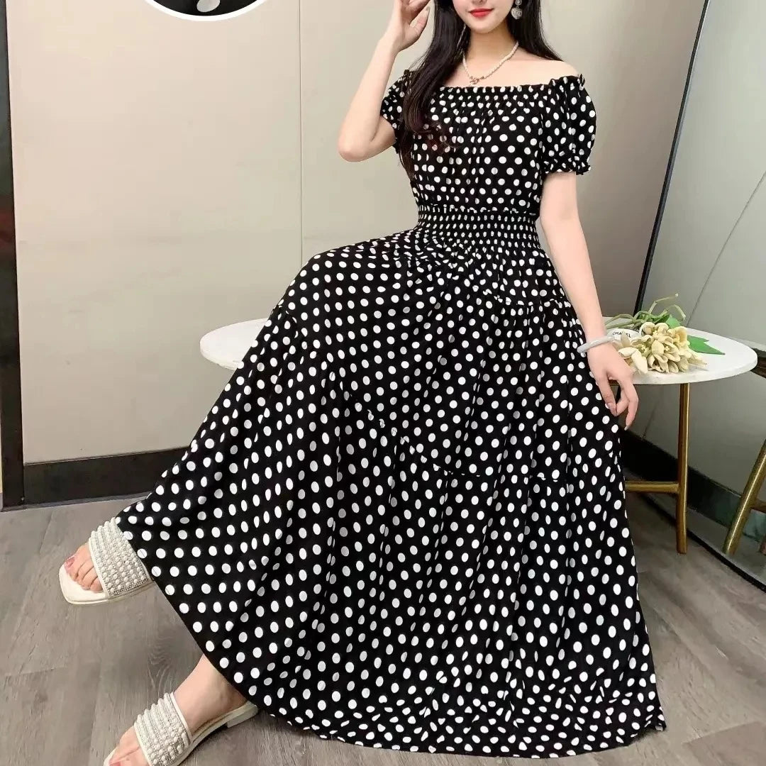 SaneShoppe - Cotton Silk Dresses Women's 2025 Summer New High Waist Printed Dress Slim Artificial Cotton Long Dress Bohemian Floral Dress