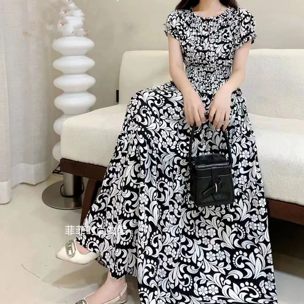 SaneShoppe - Cotton Silk Dresses Women's 2025 Summer New High Waist Printed Dress Slim Artificial Cotton Long Dress Bohemian Floral Dress