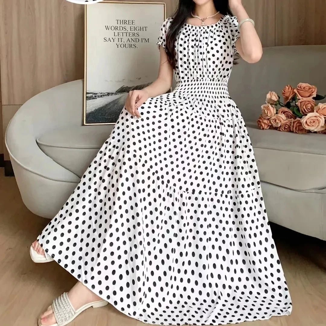 SaneShoppe - Cotton Silk Dresses Women's 2025 Summer New High Waist Printed Dress Slim Artificial Cotton Long Dress Bohemian Floral Dress