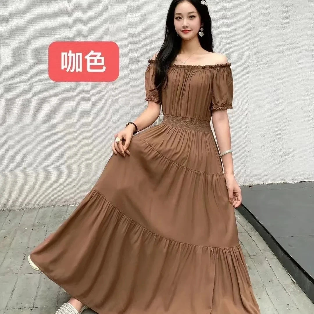 SaneShoppe - Cotton Silk Dresses Women's 2025 Summer New High Waist Printed Dress Slim Artificial Cotton Long Dress Bohemian Floral Dress