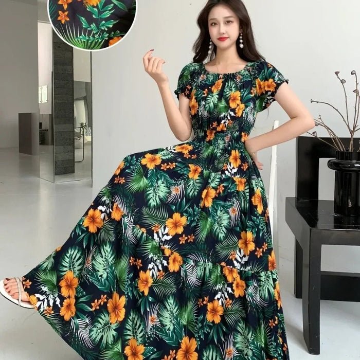SaneShoppe-2025 Women's High Waist Printed Bohemian Floral Cotton Dress