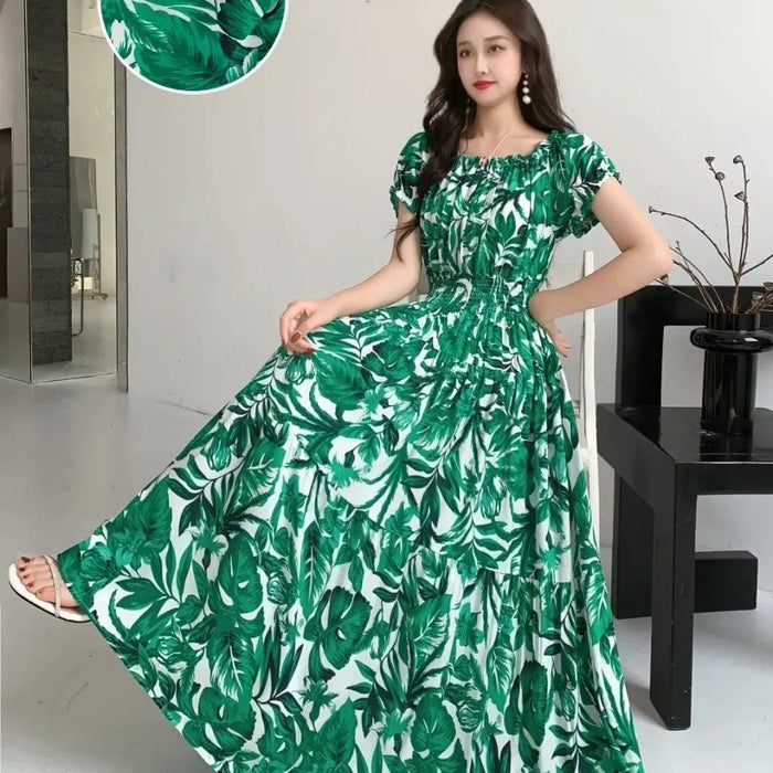 SaneShoppe-2025 Women's High Waist Printed Bohemian Floral Cotton Dress