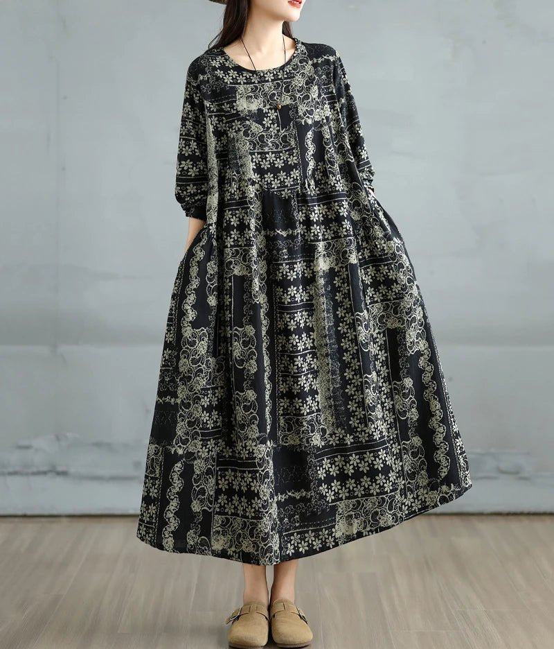 SaneShoppe-Elegant Floral Print Vintage Dress for Women Spring Autumn 2025