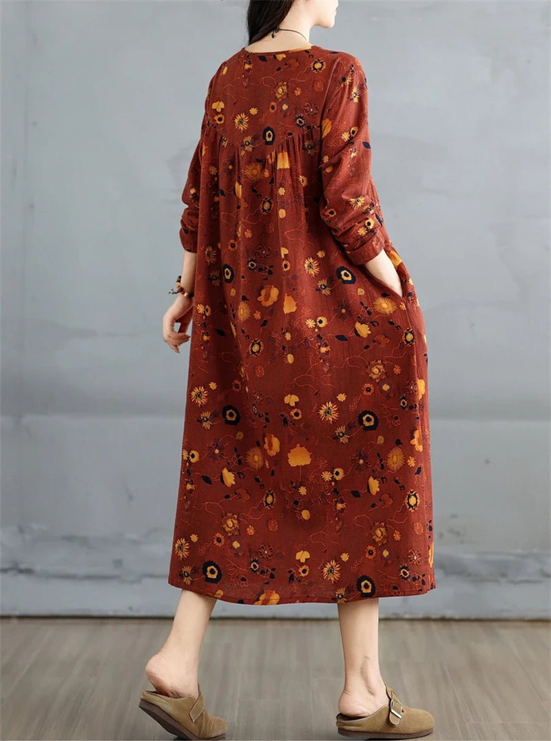 SaneShoppe-Elegant Floral Print Vintage Dress for Women Spring Autumn 2025