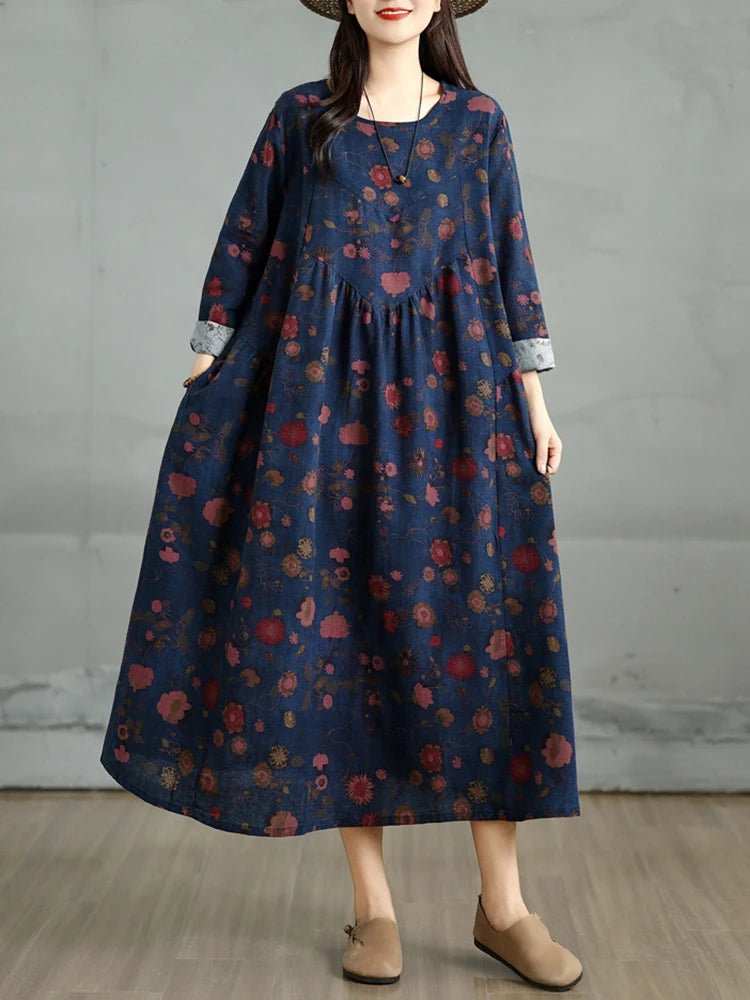 SaneShoppe-Elegant Floral Print Vintage Dress for Women Spring Autumn 2025