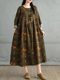 SaneShoppe-Elegant Floral Print Vintage Dress for Women Spring Autumn 2025
