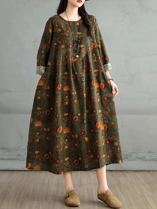 SaneShoppe-Elegant Floral Print Vintage Dress for Women Spring Autumn 2025