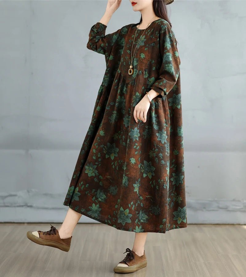 SaneShoppe-Elegant Floral Print Vintage Dress for Women Spring Autumn 2025
