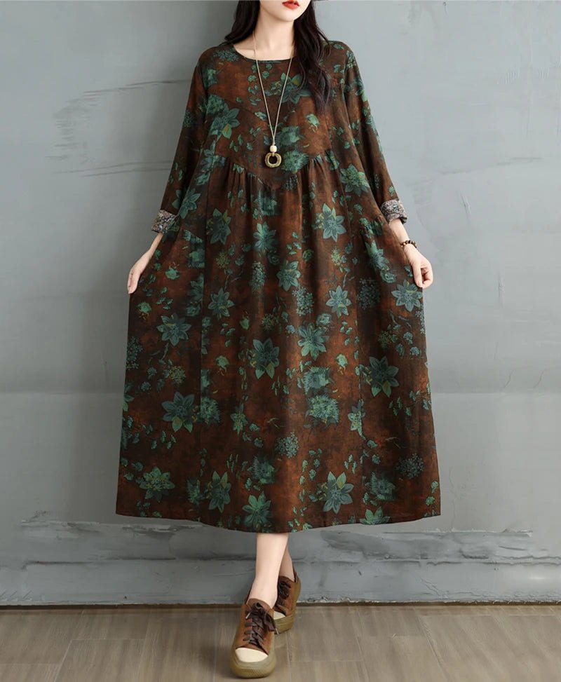 SaneShoppe-Elegant Floral Print Vintage Dress for Women Spring Autumn 2025