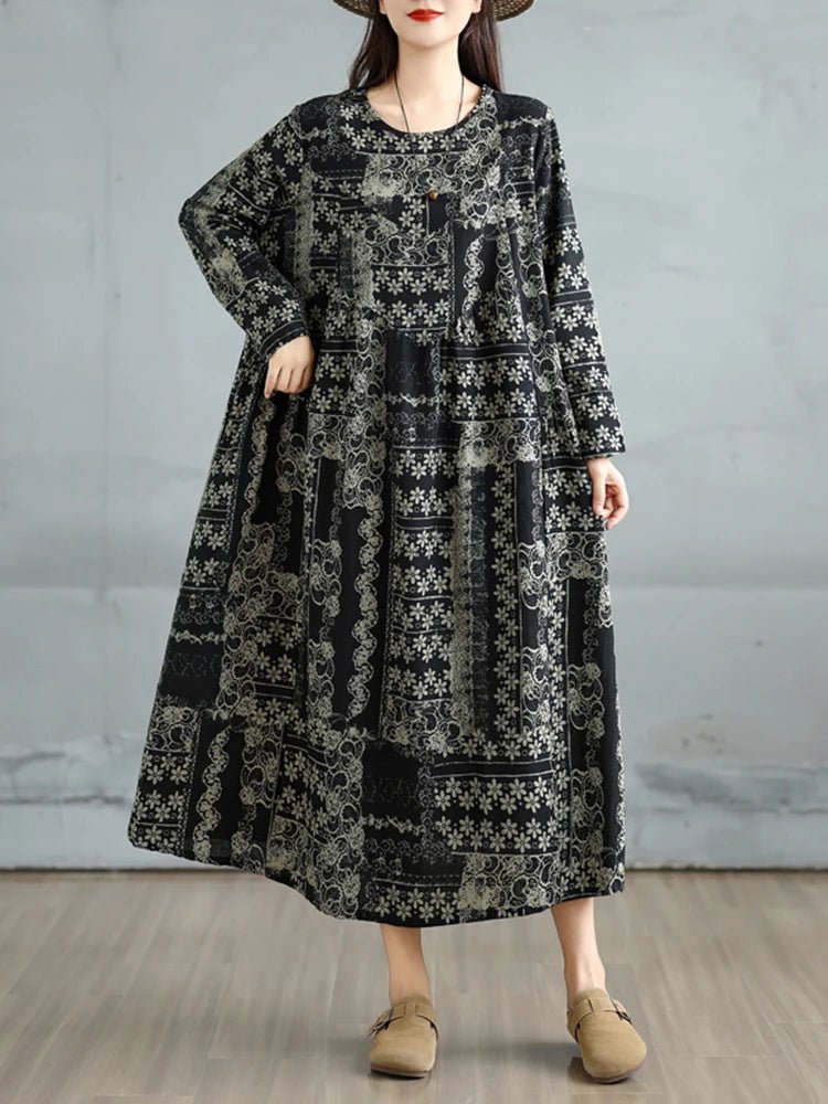 SaneShoppe-Elegant Floral Print Vintage Dress for Women Spring Autumn 2025
