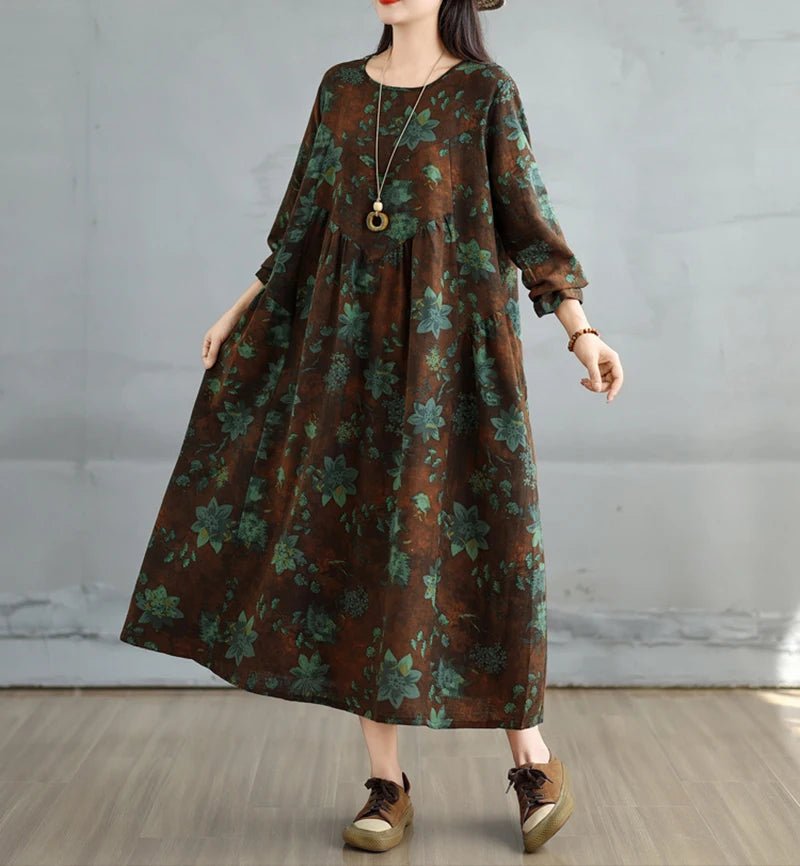 SaneShoppe-Elegant Floral Print Vintage Dress for Women Spring Autumn 2025