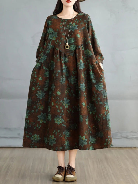 SaneShoppe-Elegant Floral Print Vintage Dress for Women Spring Autumn 2025