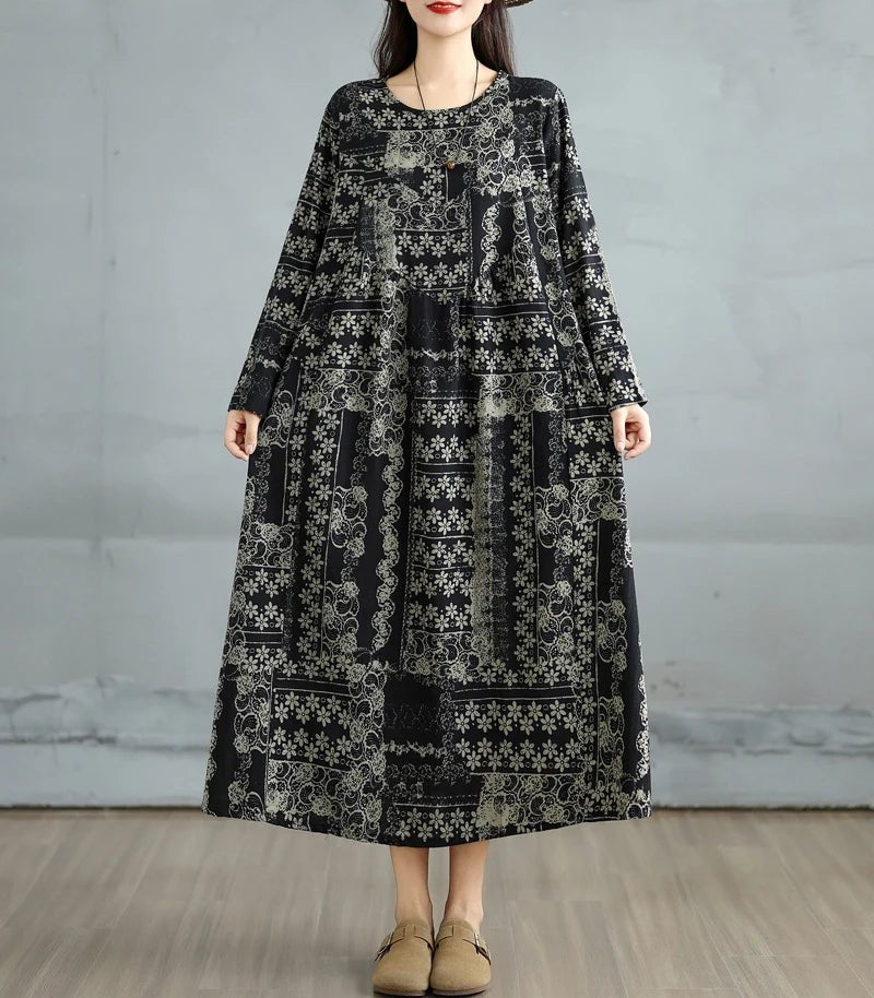 SaneShoppe-Elegant Floral Print Vintage Dress for Women Spring Autumn 2025