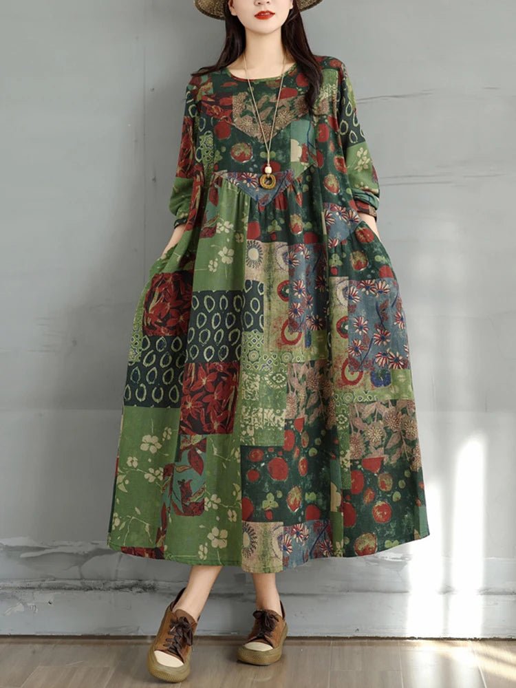 SaneShoppe-Elegant Floral Print Vintage Dress for Women Spring Autumn 2025