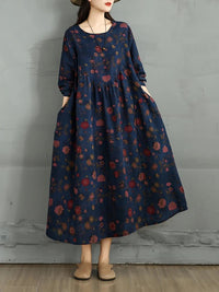 SaneShoppe-Elegant Floral Print Vintage Dress for Women Spring Autumn 2025