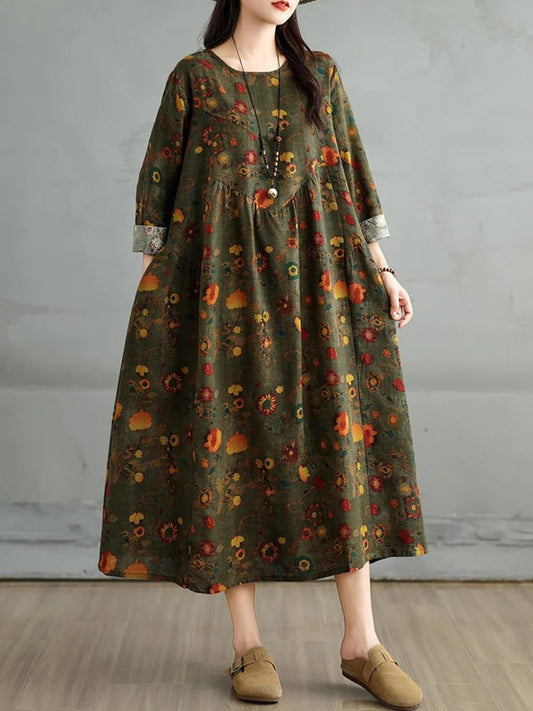 SaneShoppe-Elegant Floral Print Vintage Dress for Women Spring Autumn 2025