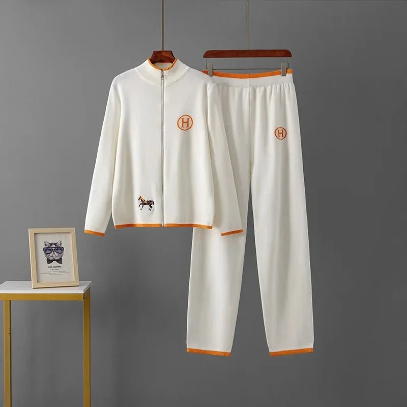 SaneShoppe - Creative Cross - Border New Product Long Sleeve Knitted Outerwear And Casual Knitted Long Pants Two - Piece Set Embroidered Horse Sp