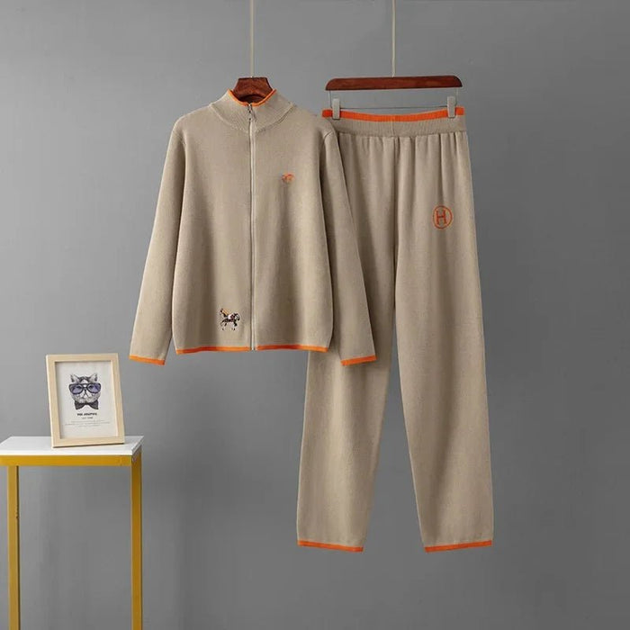 SaneShoppe - Creative Cross - Border New Product Long Sleeve Knitted Outerwear And Casual Knitted Long Pants Two - Piece Set Embroidered Horse Sp