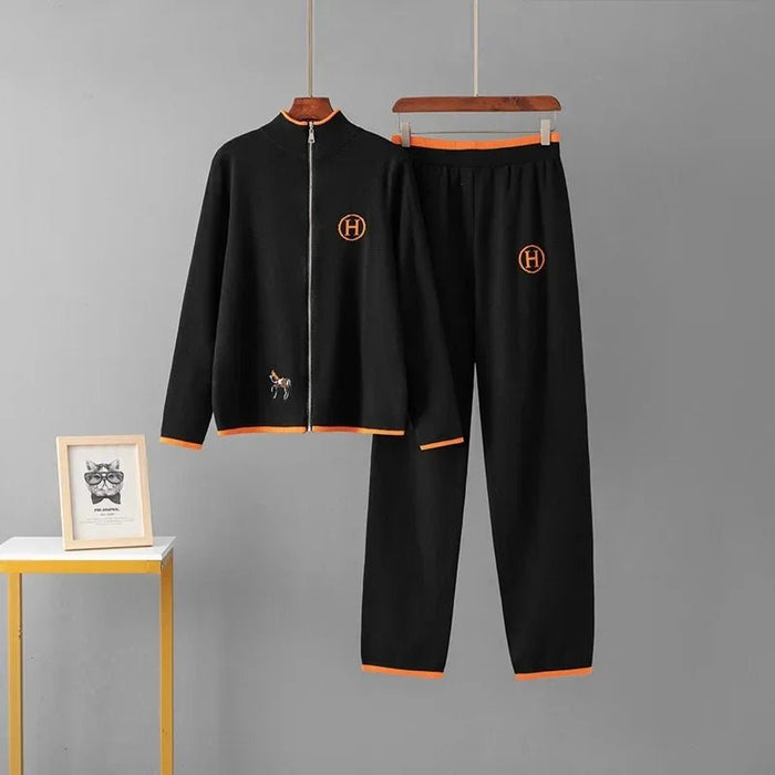 SaneShoppe - Creative Cross - Border New Product Long Sleeve Knitted Outerwear And Casual Knitted Long Pants Two - Piece Set Embroidered Horse Sp