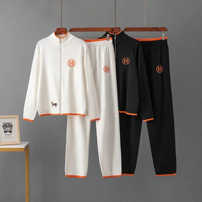 SaneShoppe - Creative Cross - Border New Product Long Sleeve Knitted Outerwear And Casual Knitted Long Pants Two - Piece Set Embroidered Horse Sp