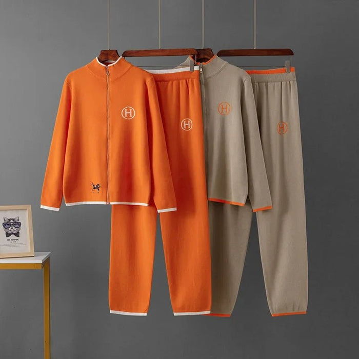 SaneShoppe - Creative Cross - Border New Product Long Sleeve Knitted Outerwear And Casual Knitted Long Pants Two - Piece Set Embroidered Horse Sp