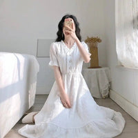 SaneShoppe - Dress for Women Summer Large Size Short Sleeve Shirt White Blue Dresses Casual Korean French Retro Slim Fit Female Clothing