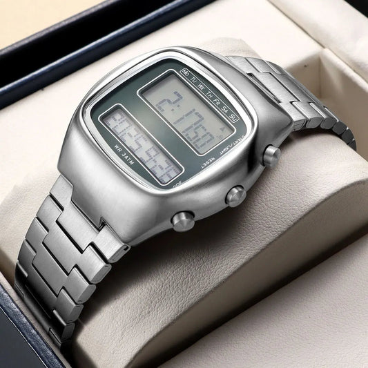 SaneShoppe-Retro Digital Dual-Display Men's Watch with Stainless Steel Strap and Backlight
