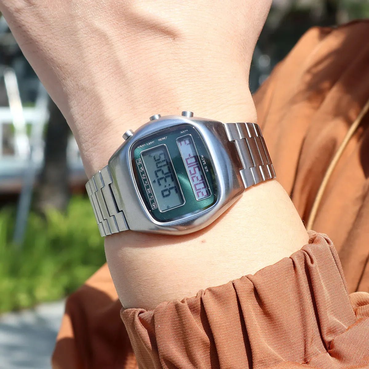 SaneShoppe-Retro Digital Dual-Display Men's Watch with Stainless Steel Strap and Backlight