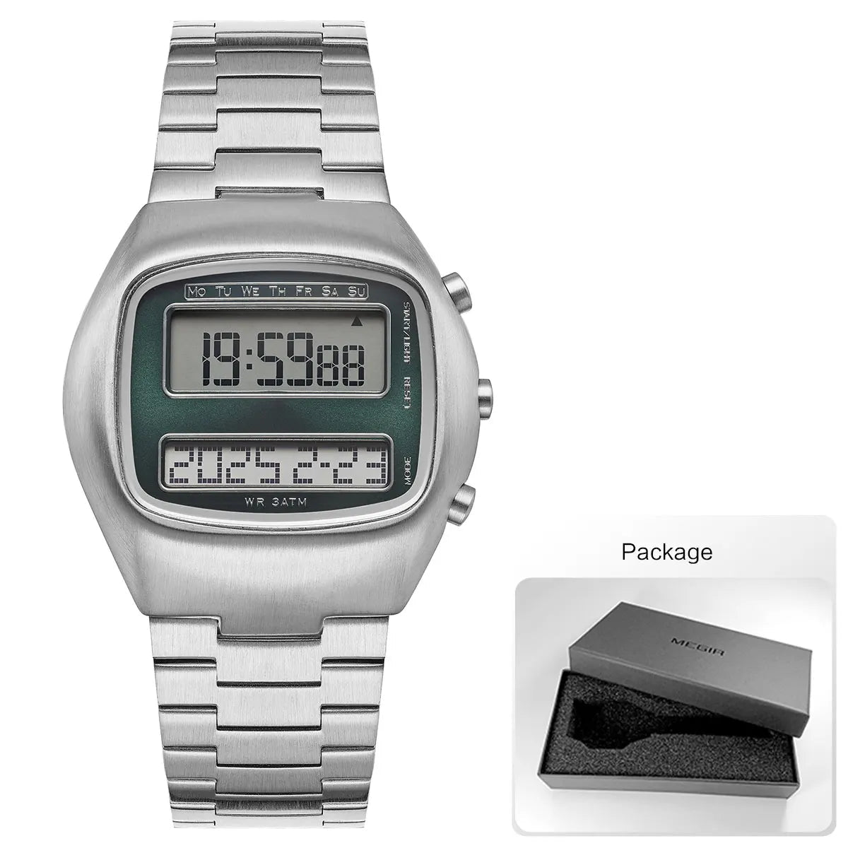 SaneShoppe-Retro Digital Dual-Display Men's Watch with Stainless Steel Strap and Backlight