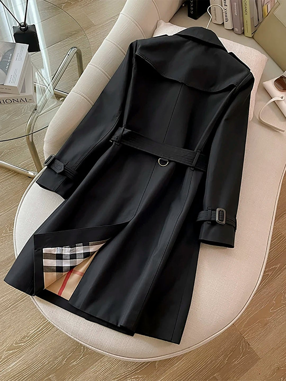 SaneShoppe-Classic Black Belted Mid-Length Coat with British Style Organic Cotton Blend
