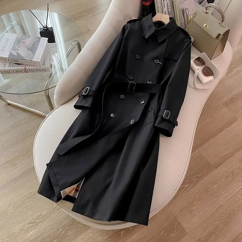 SaneShoppe-Classic Black Belted Mid-Length Coat with British Style Organic Cotton Blend