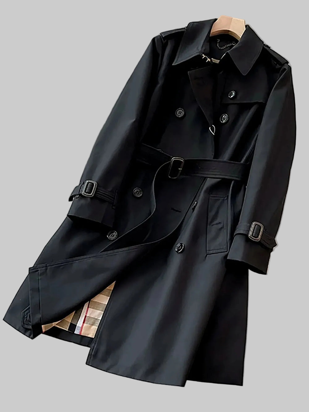 SaneShoppe-Classic Black Belted Mid-Length Coat with British Style Organic Cotton Blend